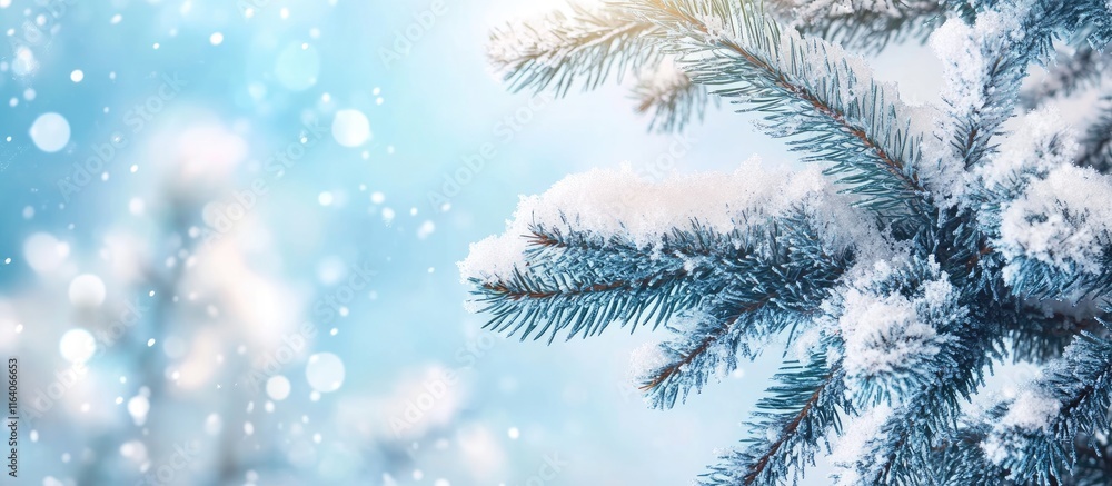 Poster serene winter scene with snow-covered tree branches and sparkling bokeh effect creating a calming at