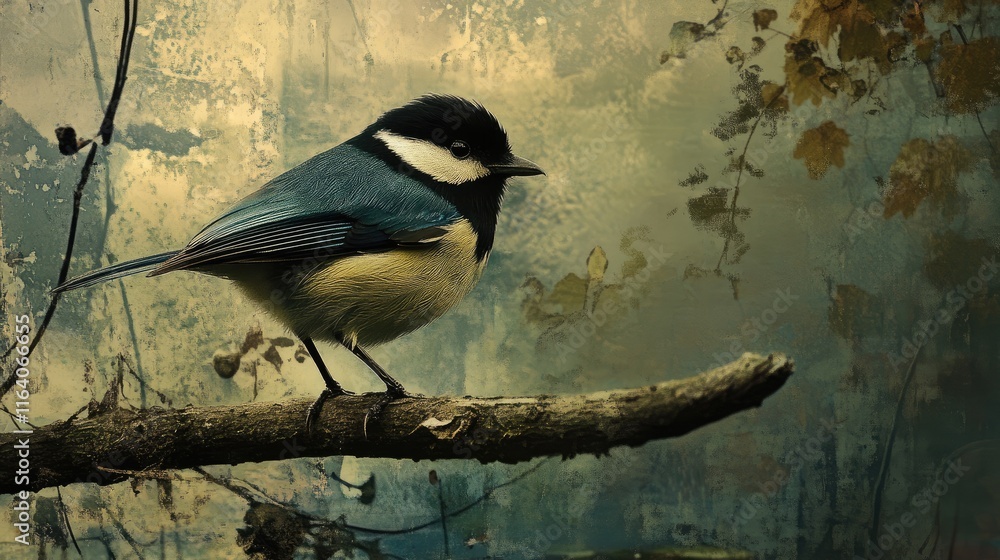 Poster colorful bird perched on a branch in a serene natural setting with a blurred background emphasizing 