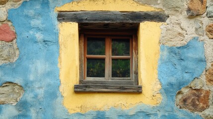 Charming small window framed by rustic stones in vibrant yellow and blue wall showcasing unique architectural detail