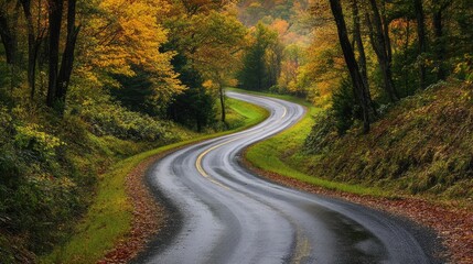 Scenic winding road through vibrant autumn Highlands with lush foliage and rain-soaked pavement inviting exploration and tranquility.