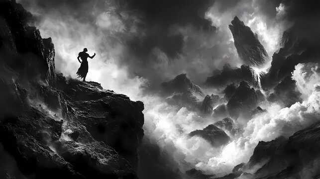 Orpheus enchanting the underworld from above, shadowy figures and eerie landscapes , high resolution. Wraithlike. Illustration