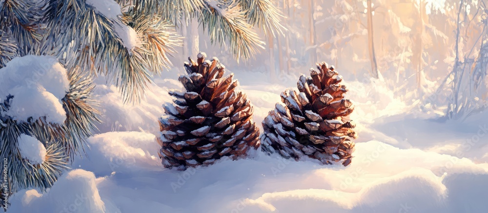 Poster snowy landscape with pine cones nestled in soft snow under sunlight creating a serene winter atmosph