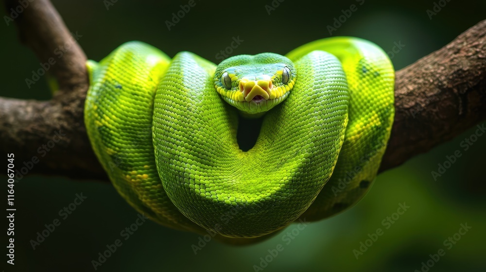 Poster macro view of a vibrant green snake resting on a branch in a lush tropical setting, showcasing its s