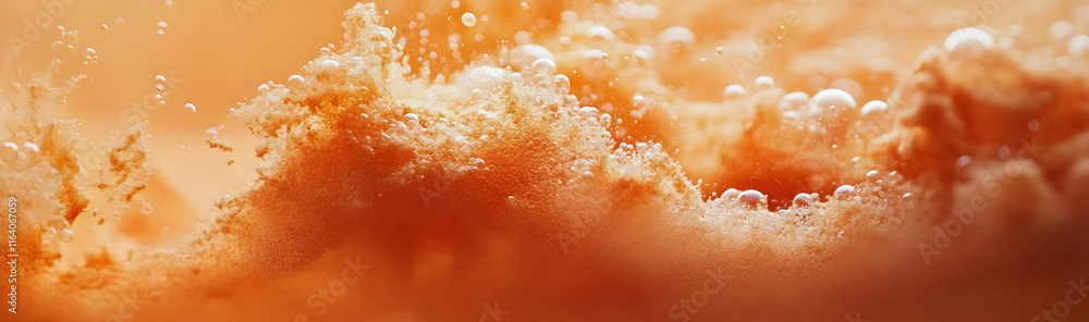 Poster orange powder dissolving in water, creating dynamic bubbles and foam -