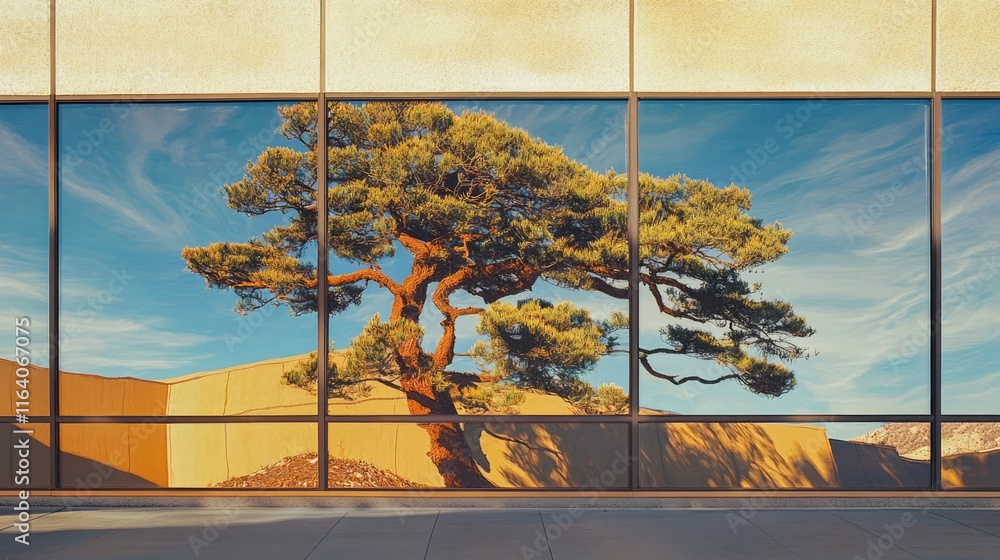 Poster Reflections of a Tree in Office Building Windows Creating an Artistic Urban Landscape Image