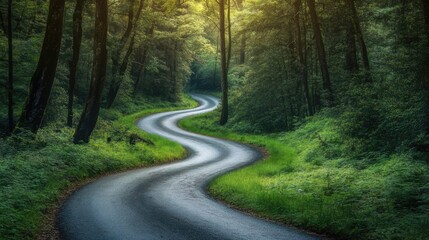 Fototapeta premium Serene winding road meandering through a lush green forest under soft golden light of dawn