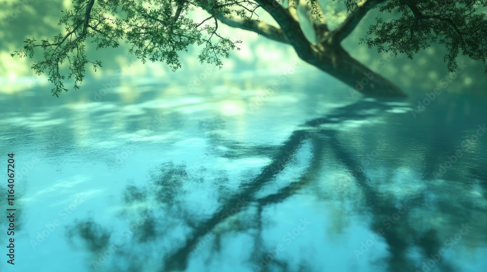 Poster serene pond reflecting tree shadows on tranquil water creating a unique natural background for relax