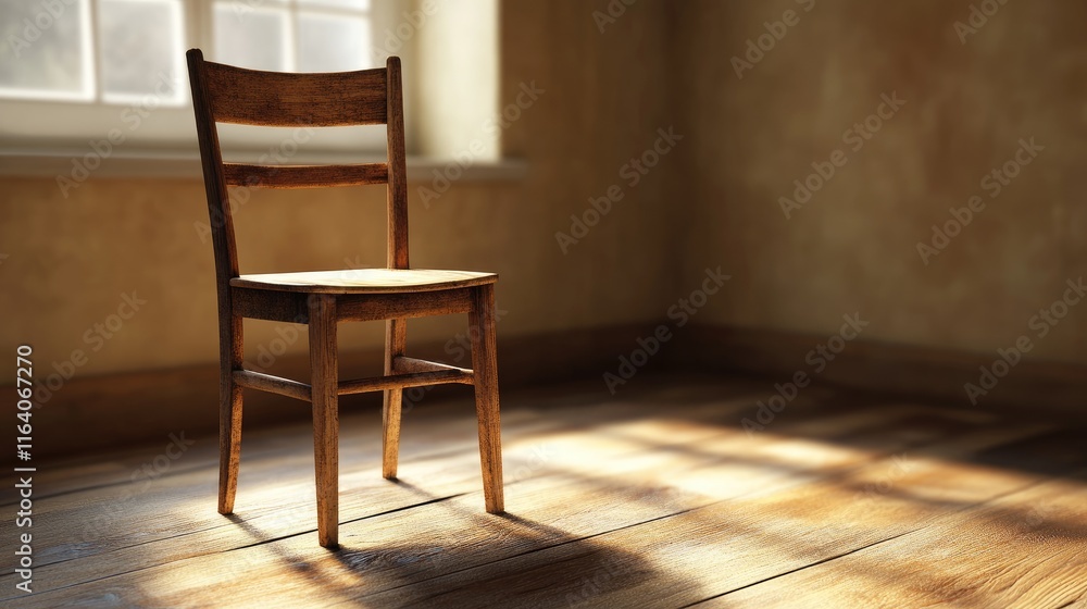 Poster high resolution image of a wooden chair in a softly lit room with blurred edges creating an atmosphe