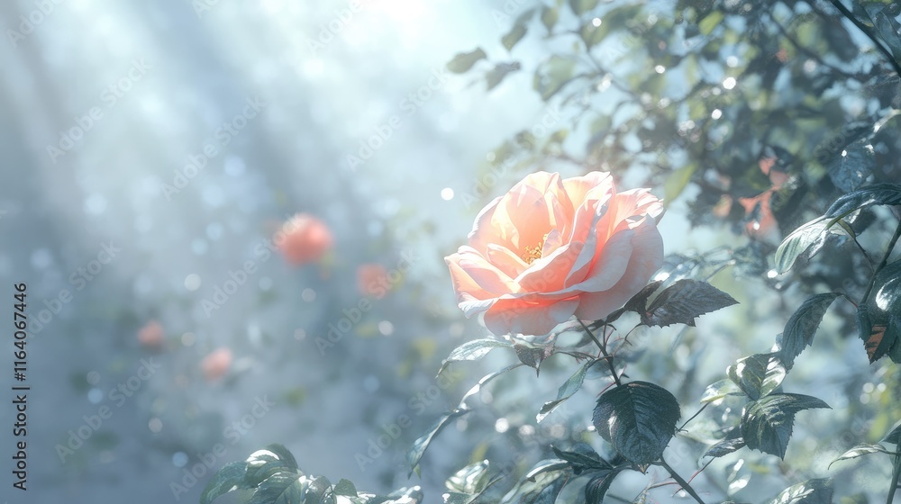Poster delicate pale pink rose illuminated in soft light with gentle shadows creating a serene and enchanti