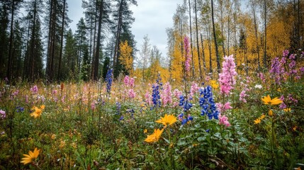 Obraz premium Colorful wildflowers blooming in a tranquil forest clearing during autumn surrounded by tall trees and vibrant foliage