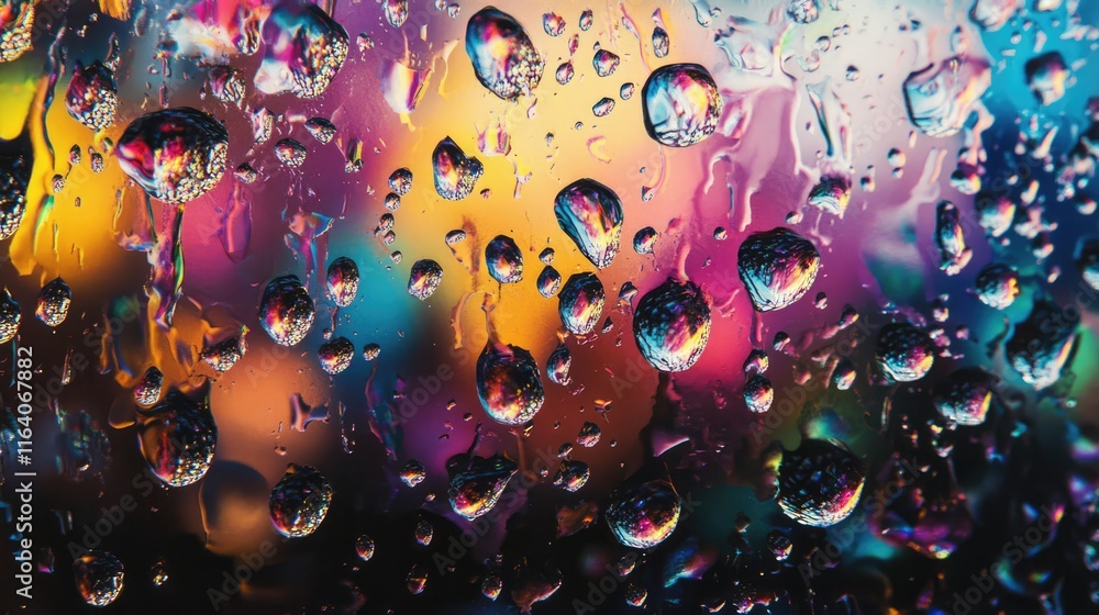 Poster colorful bokeh background with raindrops on glass creating a vibrant and artistic effect