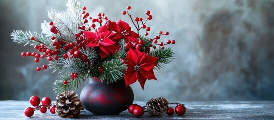 Festive winter bouquet with red poinsettias, berries, and pinecones for holiday decoration and seasonal cheer