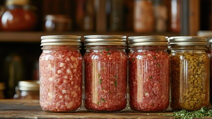 Raw minced meat jars for pressure canning pork and beef in a domestic kitchen for long-term food storage pantry organization