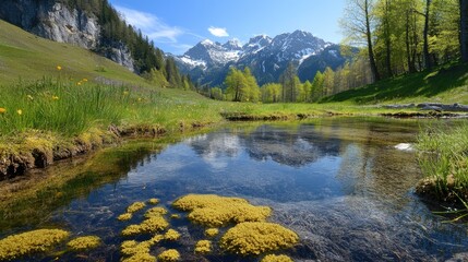 Fototapeta premium Mountain spring landscape with reflections in clear water surrounded by lush greenery and majestic snow-capped peaks in the background.