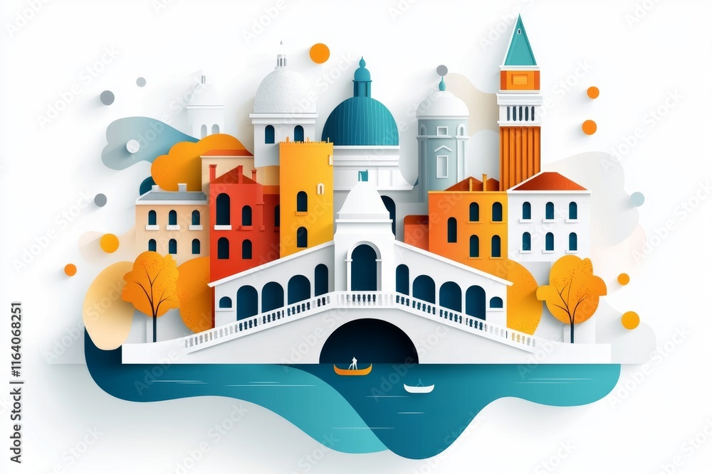 Poster A clean flat design of the Rialto Bridge, simplified with bold lines and soft colors representing Venice charm