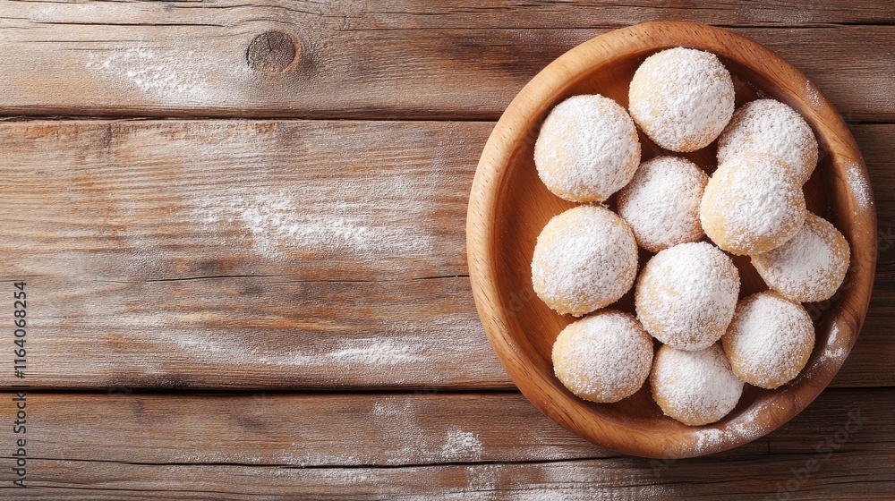 Poster homemade creamy gingerbread cookies dusted with powdered sugar in a wooden bowl on rustic background