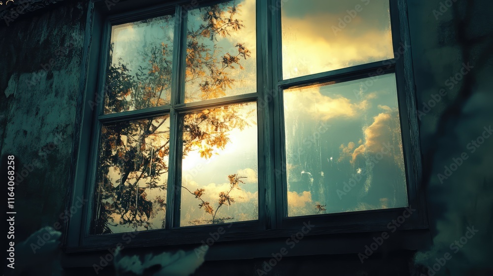 Poster sunset reflections in an old window framed by nature creating a serene and nostalgic atmosphere