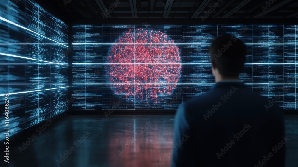 Poster man observing data visualization on digital screen in modern technology space