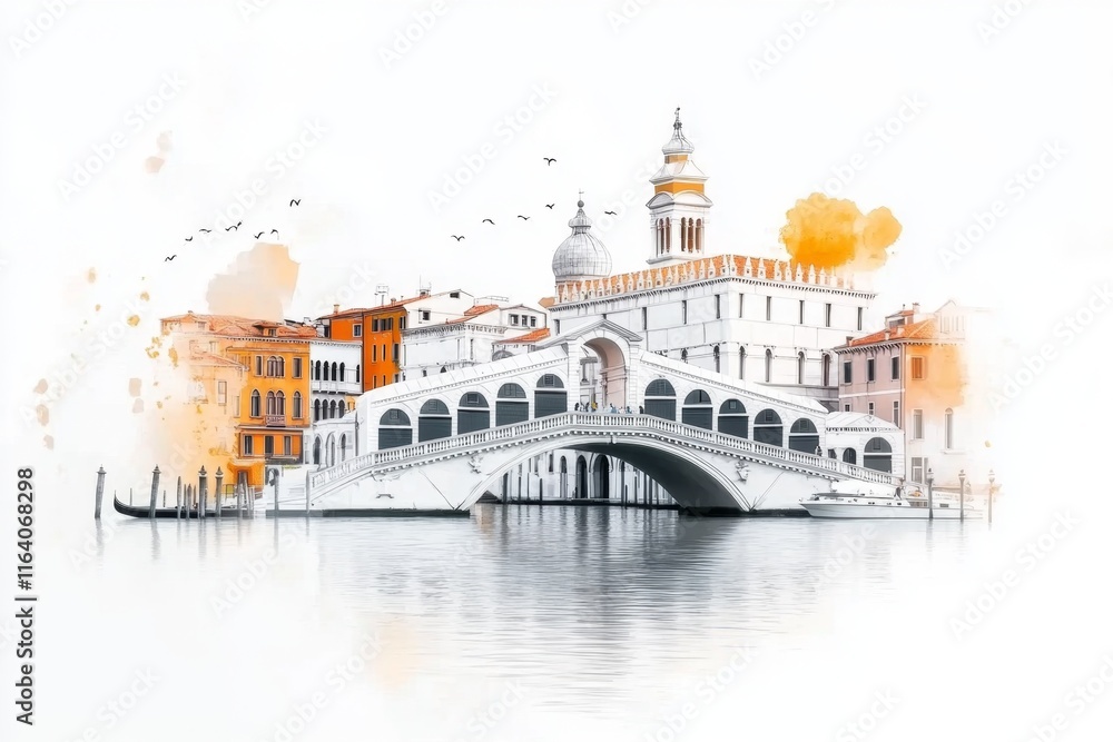 Poster a clean flat design of the rialto bridge, simplified with bold lines and soft colors representing ve