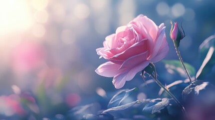 Obraz premium Delicate pink rose blooming in serene garden setting with soft sunlight and gentle bokeh background soothing ambiance of nature