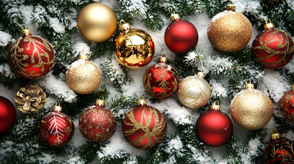 Panoramic Christmas banner featuring gold and red ornaments with snowy pine branches -