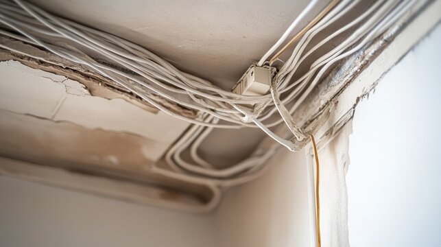 Electrical wiring details in corner of apartment with exposed wires and ceiling damage background showing installation challenges