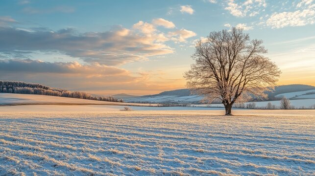 Winter wheat field illuminated by warm evening light with a solitary tree against a dramatic sky and snow-covered landscape.
