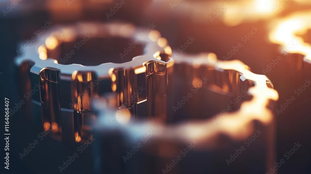 Aufkleber macro view of intricate metallic gears illuminated by soft glowing light