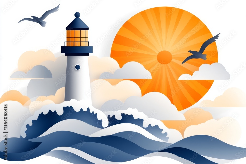 Poster A clean outline of an island with a lighthouse and waves, representing a simple yet iconic image of seclusion