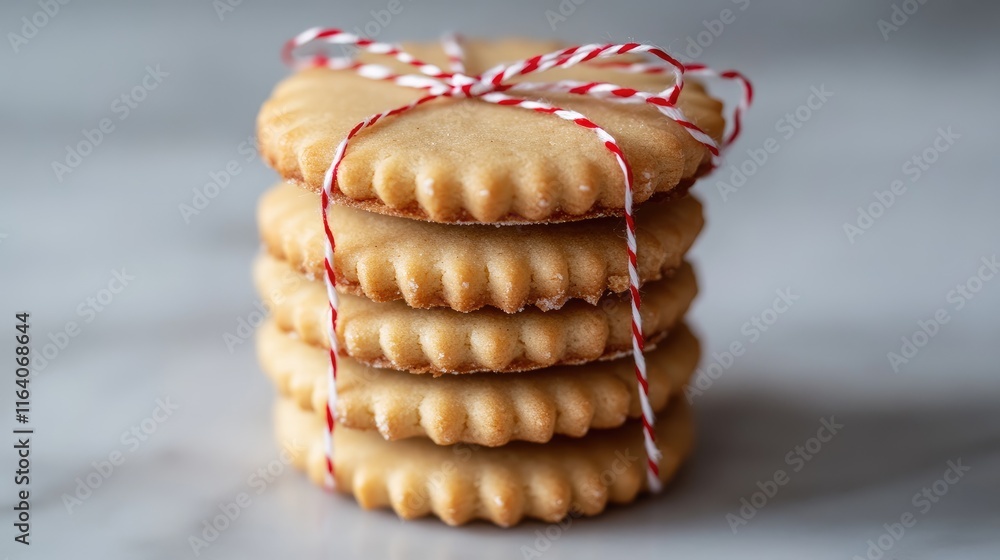 Poster stack of peanut butter cookies tied with red and white string on marble background showcasing a deli