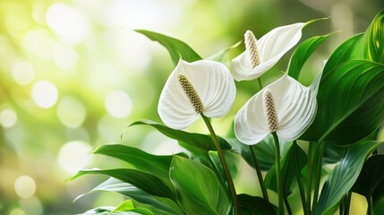 Obraz premium Elegant white flowers blooming among lush green leaves in a bright natural setting with soft bokeh background.