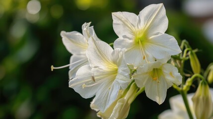 Fototapeta premium Elegant white flowers thriving in a lush garden setting showcasing delicate petals and vibrant green foliage background.