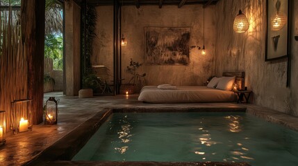 rustic modern Tulum healing spa with sacred energy. neutral tones. night. hyper realistic. cinematic. Generative Ai