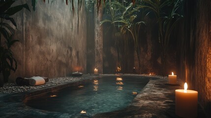 Fototapeta premium rustic modern Tulum healing spa with sacred energy. neutral tones. night. hyper realistic. cinematic. Generative Ai