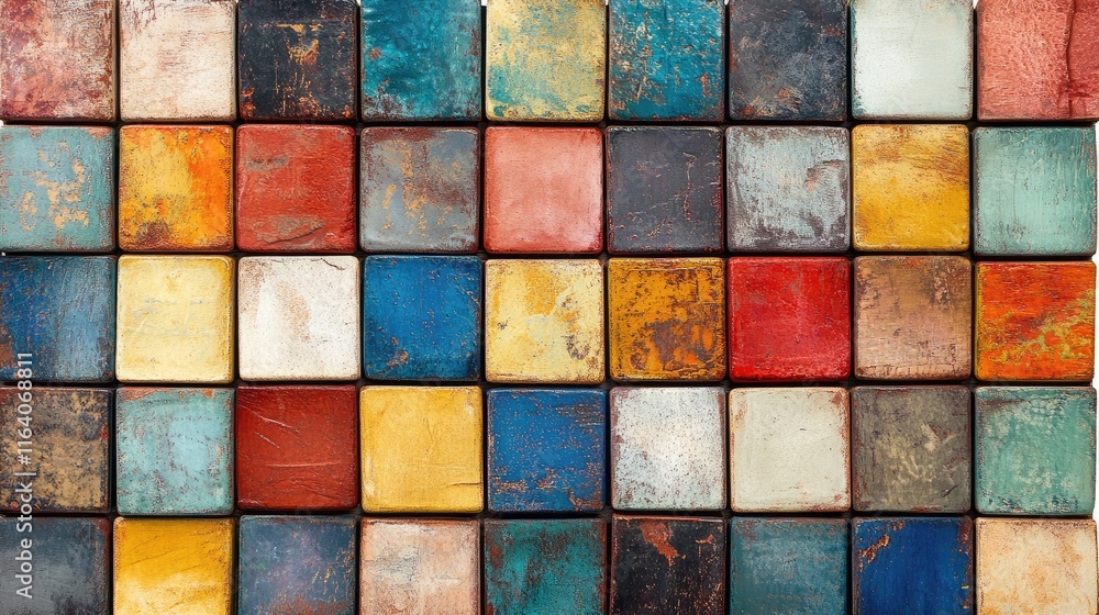 Poster colorful square brick tile background showcasing a mosaic pattern of textured tiles in various hues 