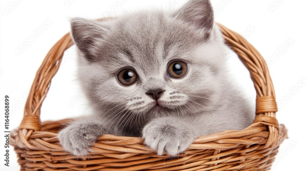 Poster charming gray kitten resting in a wicker basket isolated on a clean white background