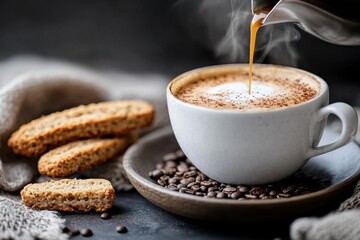 A close-up of a rich espresso and biscotti served at a Venetian cafÃ©, highlighting Italian culinary traditions
