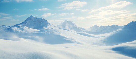 Serene winter landscape featuring pristine snow and frost ideal for decoration and seasonal promotions in a tranquil mountain setting