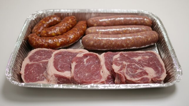 Assorted raw pork meats including bacon sausage and cotechini in a metal tray ready for winter cooking and traditional recipes