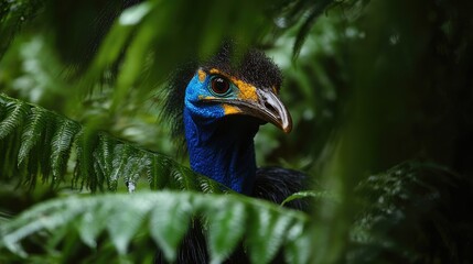 Obraz premium Southern Cassowary hidden among lush rainforest ferns showcasing vibrant colors and unique features in a natural habitat setting.