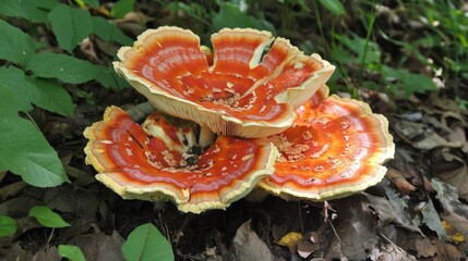 Colorful wild mushrooms growing in the forest underbrush showcasing unique textures and vibrant hues in a natural woodland setting.