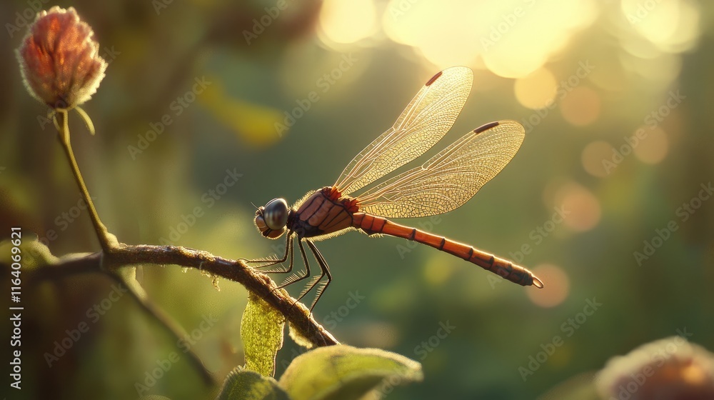 Aufkleber dragonfly perched on branch with sunlight creating a beautiful bokeh effect in a serene natural sett