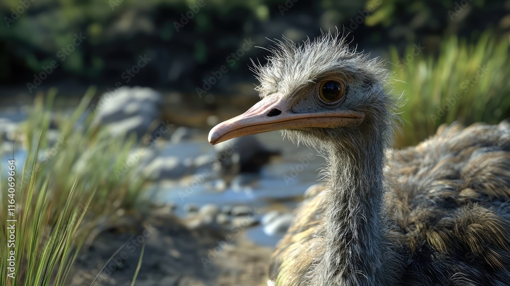 Poster ostrich portrait with natural background capturing unique features of a wild bird in habitat