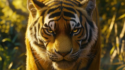 Majestic close-up of a fierce tiger showcasing vibrant yellow and black stripes with intense, penetrating eyes in a natural habitat setting