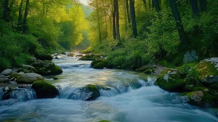 Fototapeta premium Serene Mountain River Flowing Through Lush Forest Landscape with Soft Silk Water Effect in Natural Setting