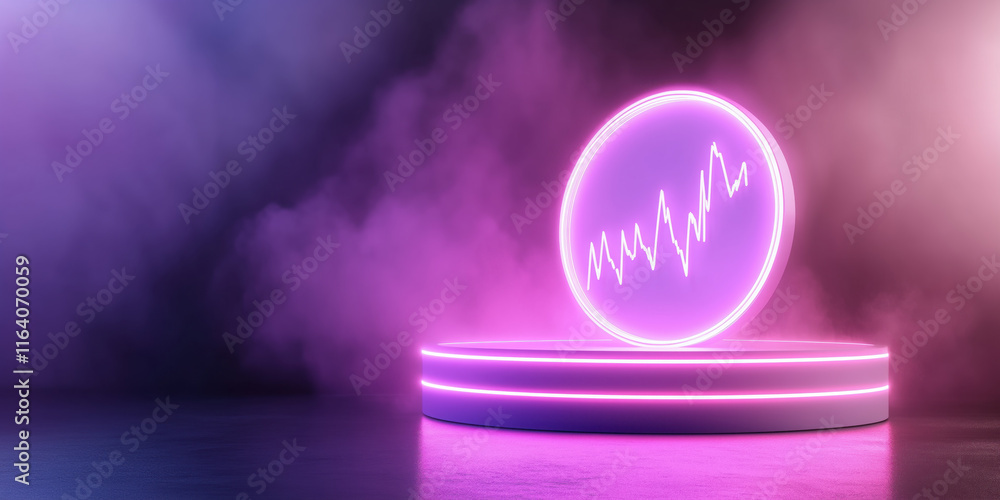 Poster glowing circular display with heartbeat line in misty environment
