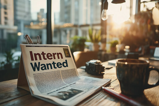 Intern wanted advertisement coffee shop newspaper article urban setting morning light