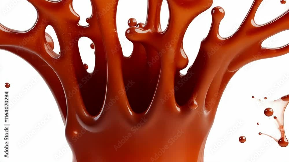 Poster 3d dynamic droplets of creamy caramel splashing and rotating against a transparent background, ideal