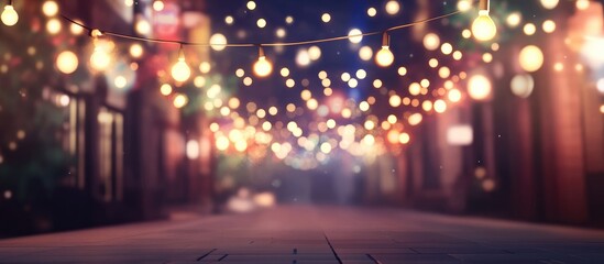 Fototapeta premium Magical winter street decor with glowing garland lights creating a festive atmosphere in a blurred illuminated background for seasonal themes