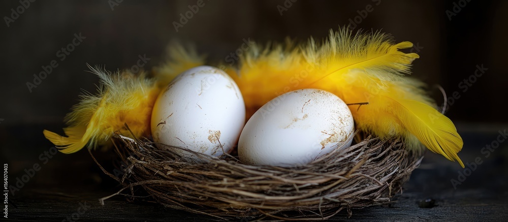Poster serene composition of chicken eggs nestled in a rustic nest with bright yellow feathers on a dark wo